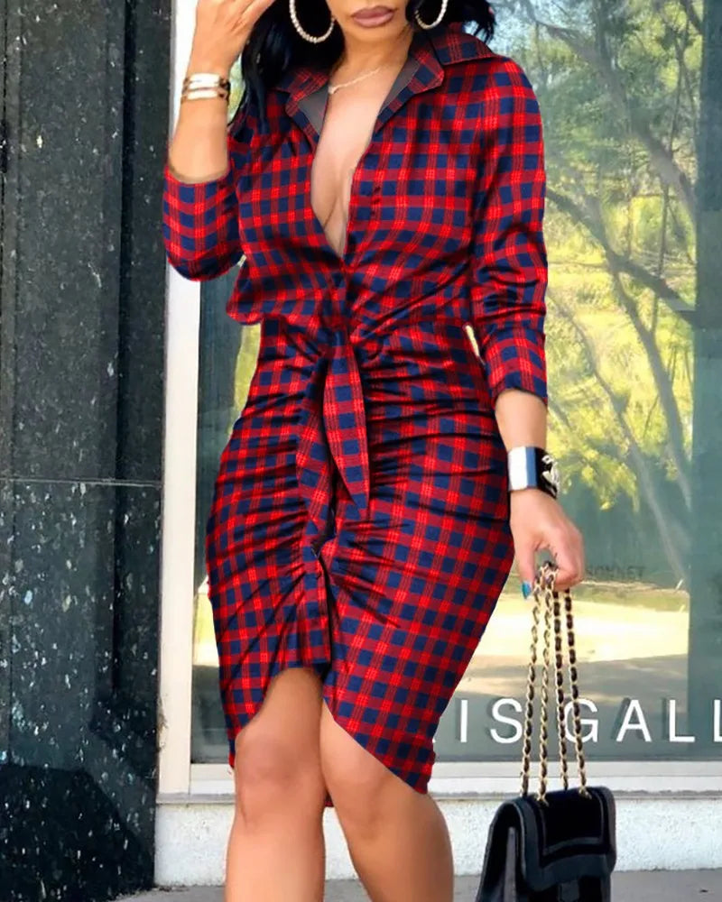 Summer Autumn New Elegant Ladies's Dress 2024 V-neck Strap Solid Color Elastic Waist Bag Hip Printed Long Sleeve Shirt Dress