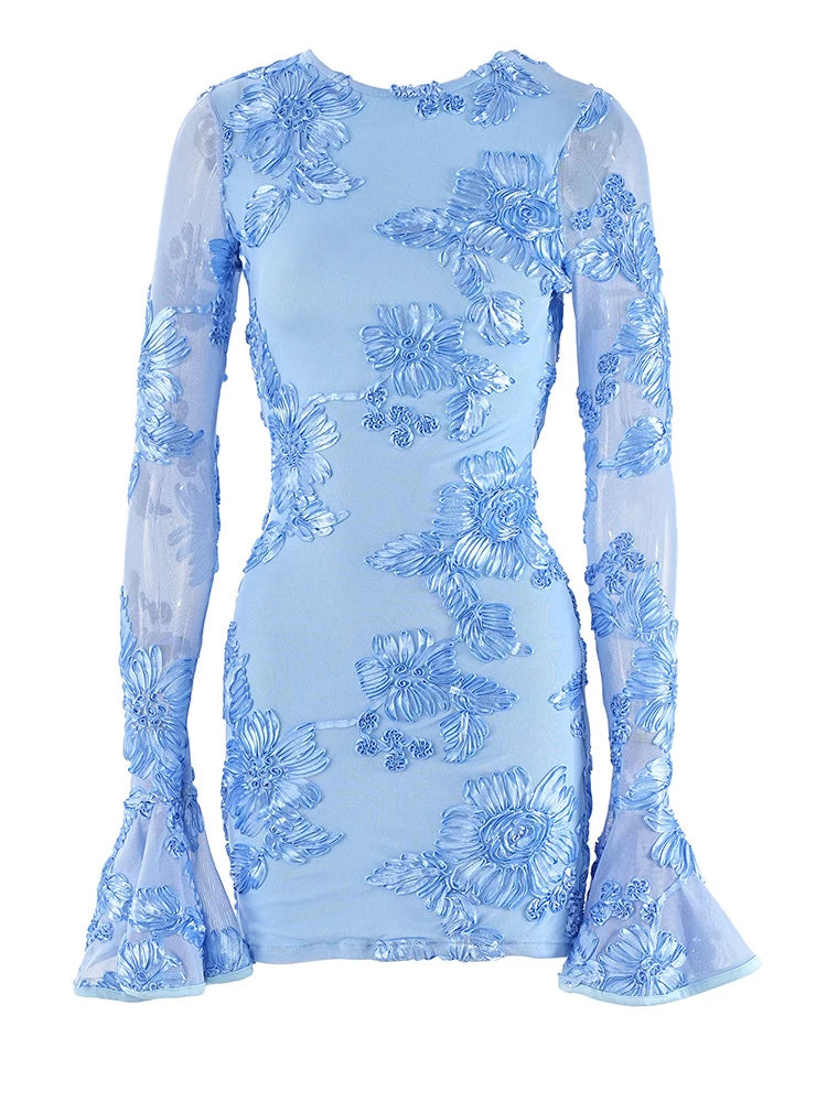Beyprern Glam Backless Rose Pink Floral Mesh Short Dress Elegant Party Dresses For Women Long Sleeve Embroidered Birthday Dress