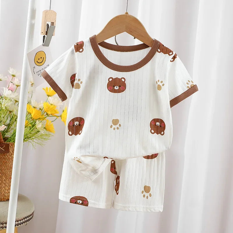 2024 New Summer Children's Clothing Boys Girls Short-sleeved Shorts Suit Baby T-shirt + Pants  Pure Cotton Clothes Set
