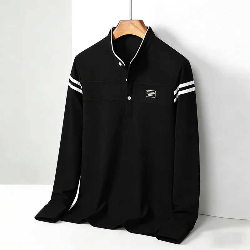 Men's Casual Slim Fit Polo Shirt Long Sleeve Stand Collar Contrast Striped Cotton Blend Tops for Daily & Business Wear