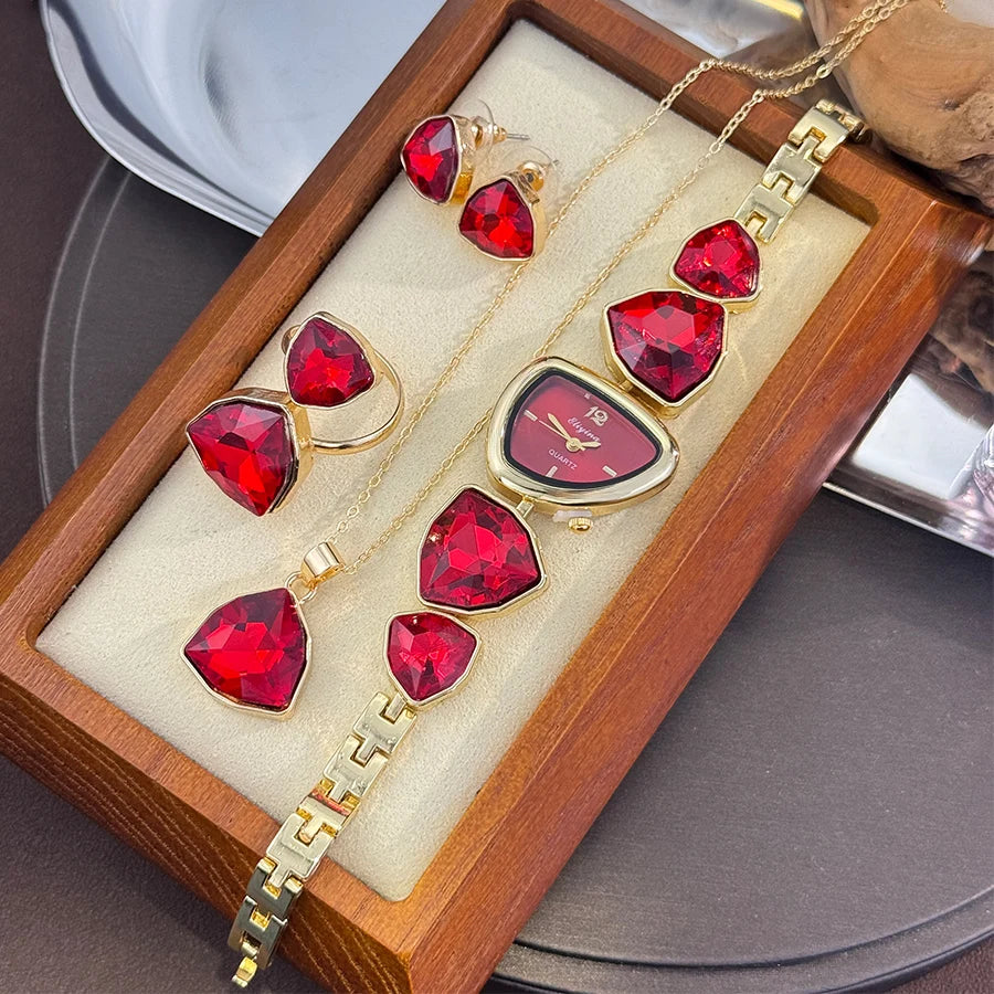Luxury Ladies Quartz Watch  Colorful Diamond Irregular Shape Necklace Ring Earrings Jewelry Set Four-Piece Gift Set Trendsetter