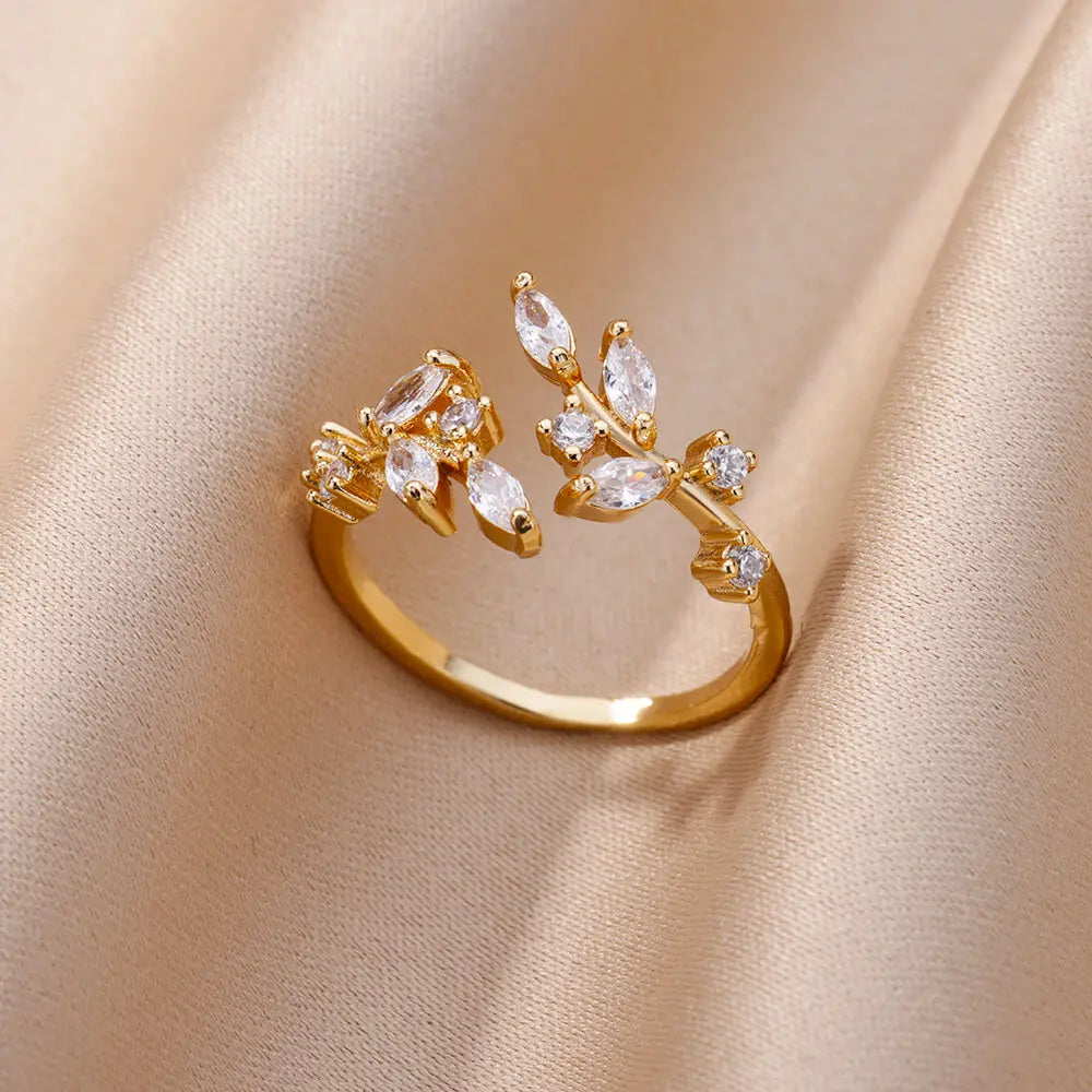Luxury Zircon Double Layer Leaf Rings For Women Gold Color Stainless Steel Ring Boho Couple Jewelry Accesorios anillos mujer