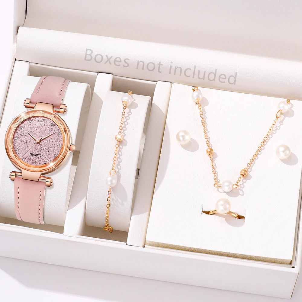 5/6 PCS/Set Red Women's Watch With Minimalist Elements Dial Quartz Watch Latex Strap Cherry Elements Jewelry Set Girl's Gift