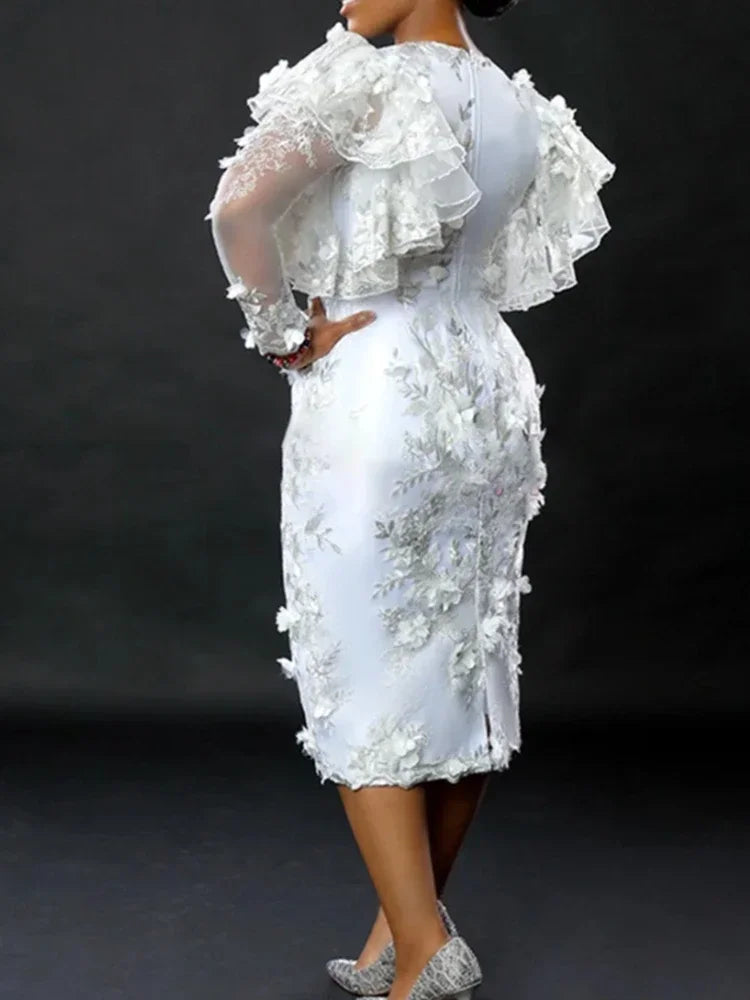 White Appliques Flower Dress Women Luxury Embroidery Midi Dresses Elegant Ruffles Tulle Long Sleeve Birthday Wedding Outfits