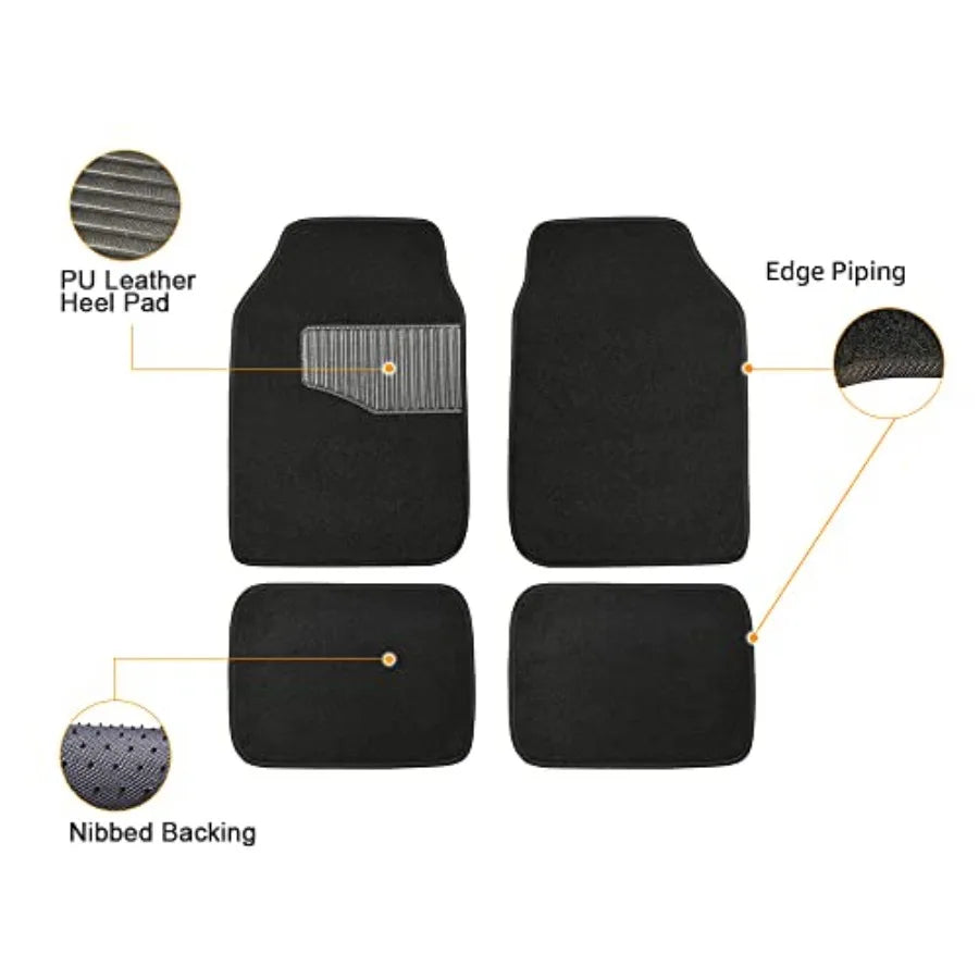 Universal Fit Anti-Slip Carpet Floor Mats, Full Set for Car, SUV, Van and Truck, 4 count, Black, 25"L x 17.5"W Front,13"L x 17.