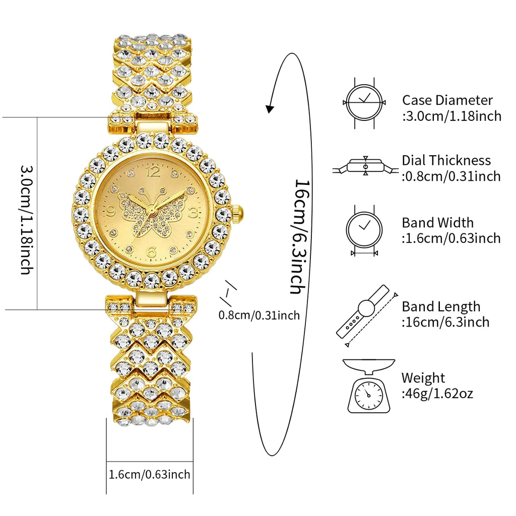 6PCS/Set Luxury Rhinestone Butterfly Women Quartz Watch Fashion Ladies Bracelet Strap Quartz Wristwatch Jewelry Set（Without Box）