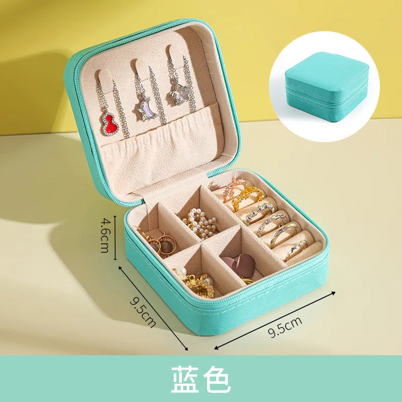 Solid Color PU Leather Material Jewelry Storage Box Travel Earrings Necklace Ring Organizer Case For Travel
