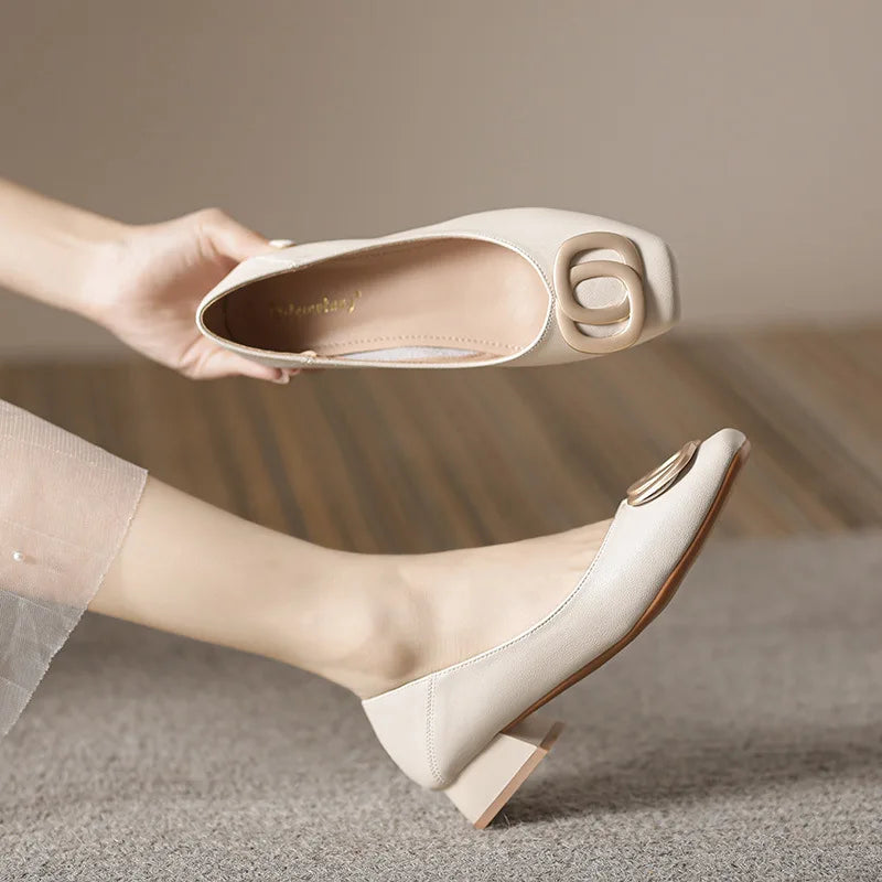 Woman Elegant Square Toe Beige Shoes Lolita Barefoot 4CM High Heel Female Metal Fitting Mary Janes Cute Designer Loafers Shoes
