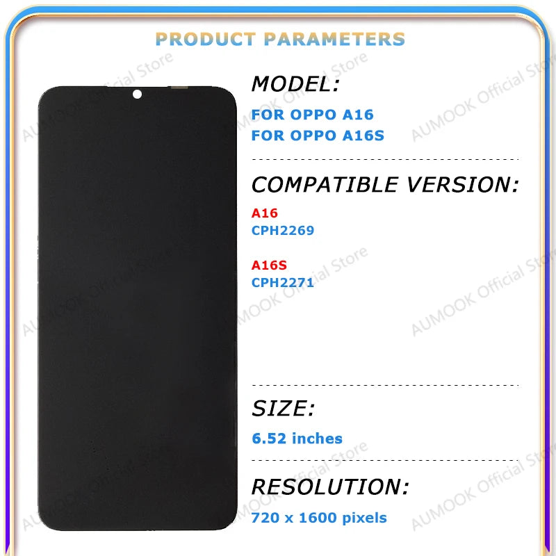 6.52" LCD Display For OPPO A16 A16s Touch Screen Digitizer Assembly With Frame CPH2269 CPH2271 Display Screen Replacement Parts