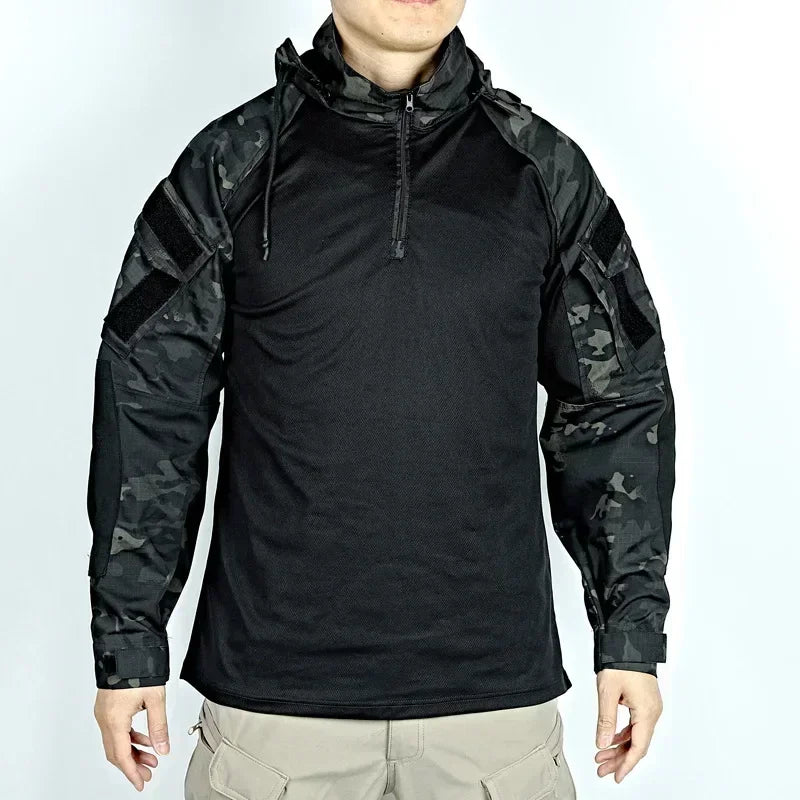 Tactical Combat Shirts 1/4 Zipper Long Sleeve Tactical Shirts Men Clothing Rip Stop Cotton Camo T Shirt Tops Wear-resisting