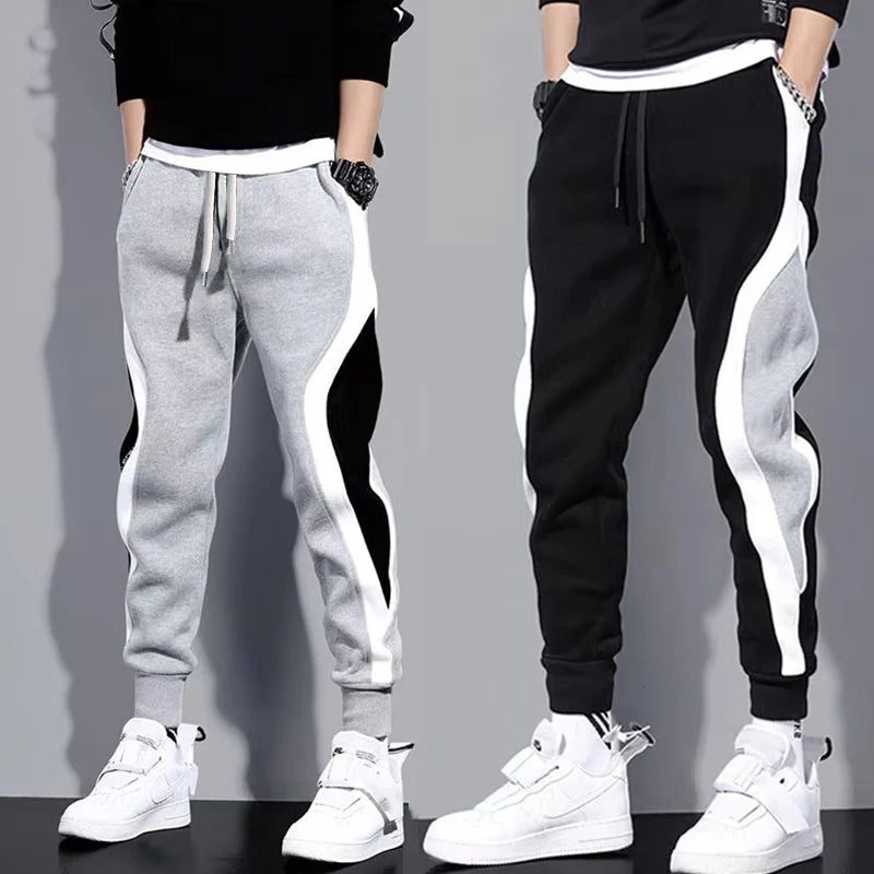 Autumn Men's Wide Loose Casual Pants Mens Patchwork Nine-point Sports  Elastic Rope Breathable Tie-foot Trousers