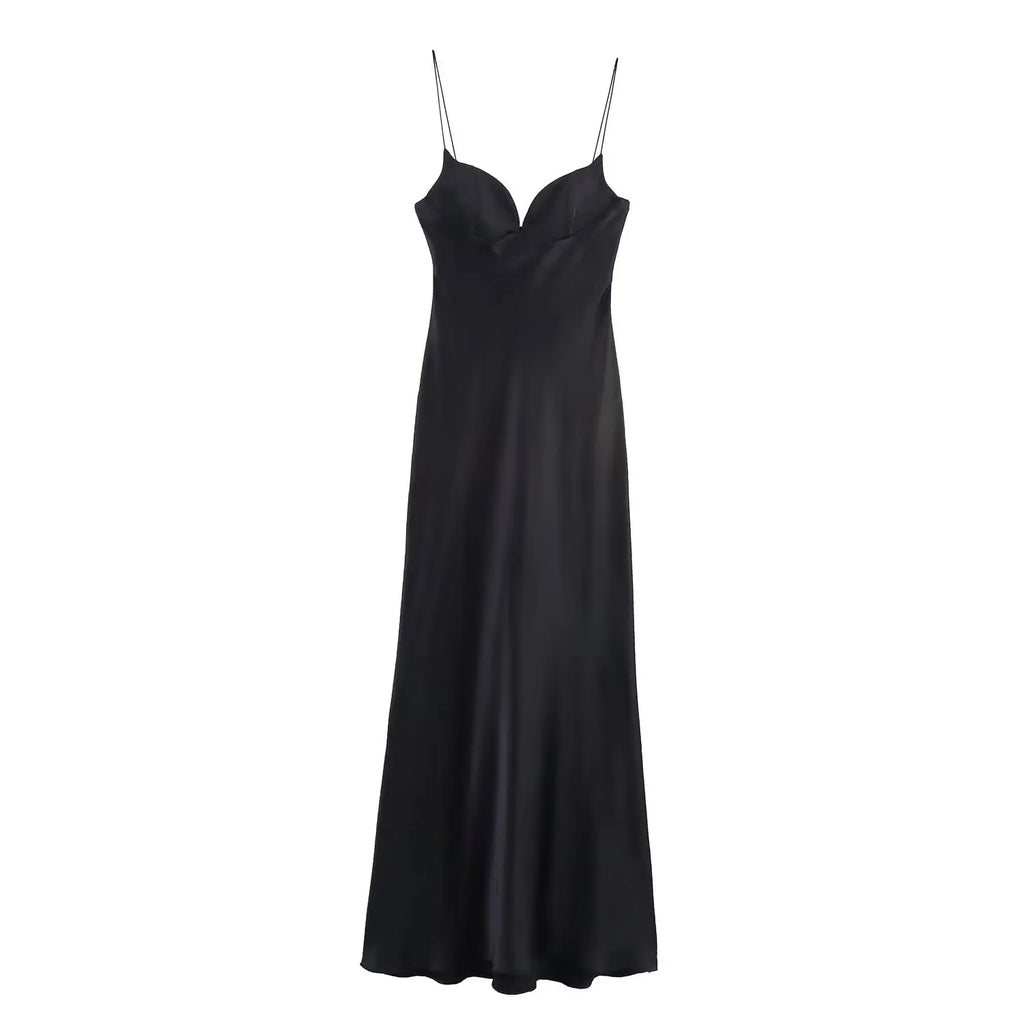 HH 2025 Women Red V-Neck Holiday Style Satin Texture Long Dress Sleeveless Summer Women's Back Zipper Fashion Sling Dresses