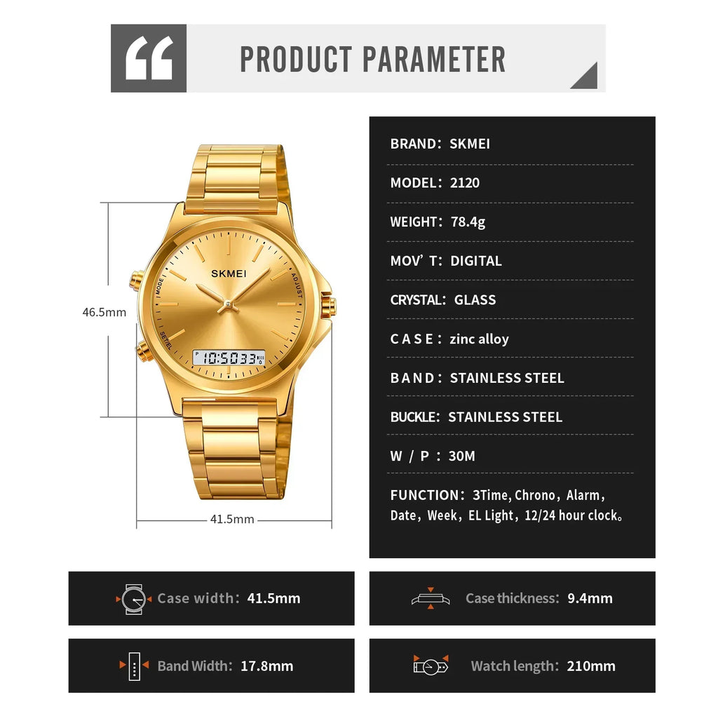 SKMEI 2120 Digital Quartz Watch for Men Waterproof Sport Dual Display Stainless Steel Mens Wristwatches Alarm Clock Reloj Hombre