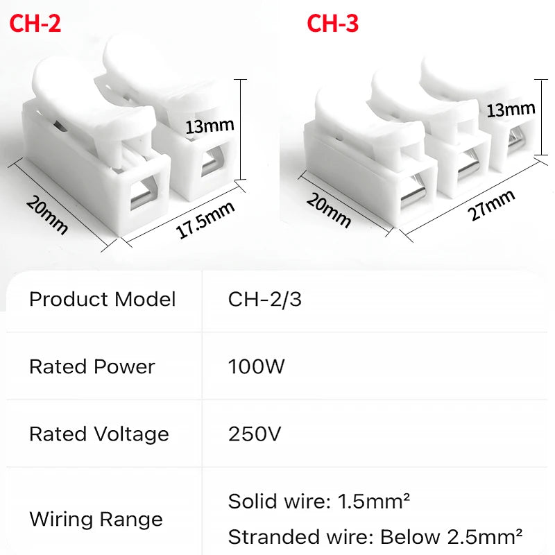 100PCS CH2 CH3 Quick Push Wire Cable Connector 2Pin 3Pin Spring Loaded Flame Retardant Cable Clamp Connection for Wiring