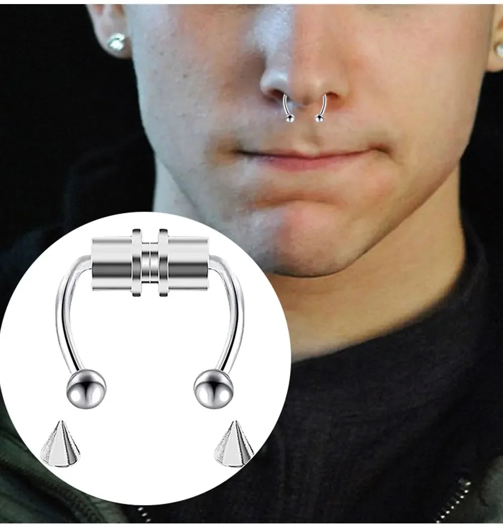 2pc Women Fake Piercing Nose Ring Hoop Septum Non Piercing Nose Clip Rock HipHoop Stainless Steel Magnet Punk Body Jewelry
