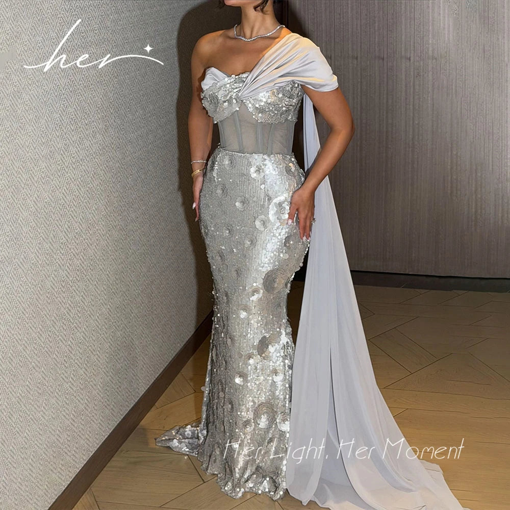 Sparkly Silver 3D Sequin Mermaid Evening Gown Sweetheart Drape Corset Luxury Long Prom Dress Formal Gala Party Gown for Women