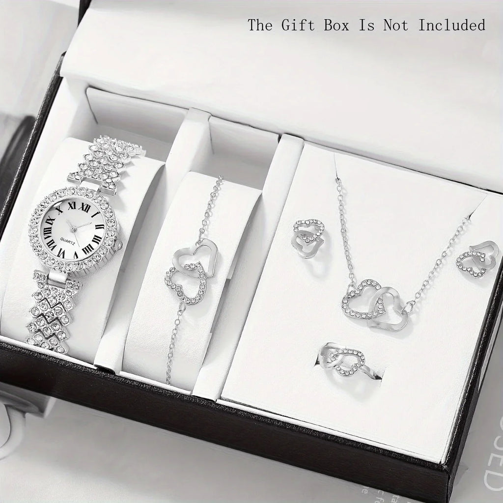 1pc Rhinestone Decor Quartz Watch Elegant Round Pointer Analog Electronic Watch & 5pcs Jewelry Set, Gift For Mom/Girlfriend