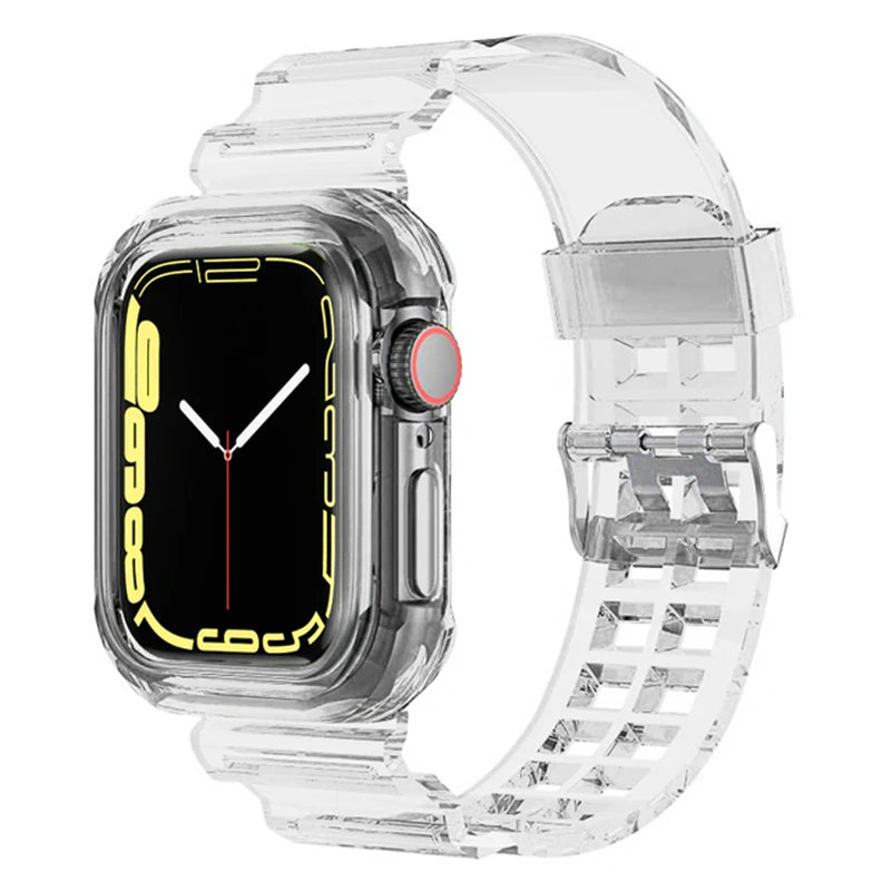 Clear Band + Case for Apple Watch Series 9 8 7 49mm 45mm 44mm 42mm 41mm Transparent Plastic Strap for iwatch 6 SE 5 4 38mm 40mm