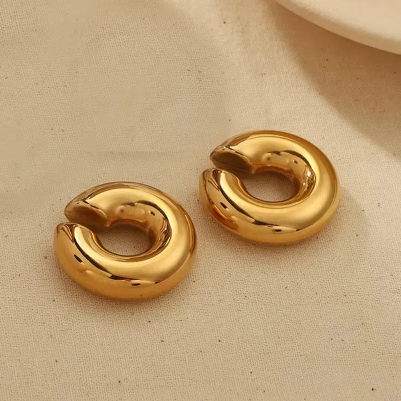 Punk Vintage Chunky Geometric Round Ear Cuff Stainless Steel Metal Texture Thick C Shape Non Piercing Ear Clip