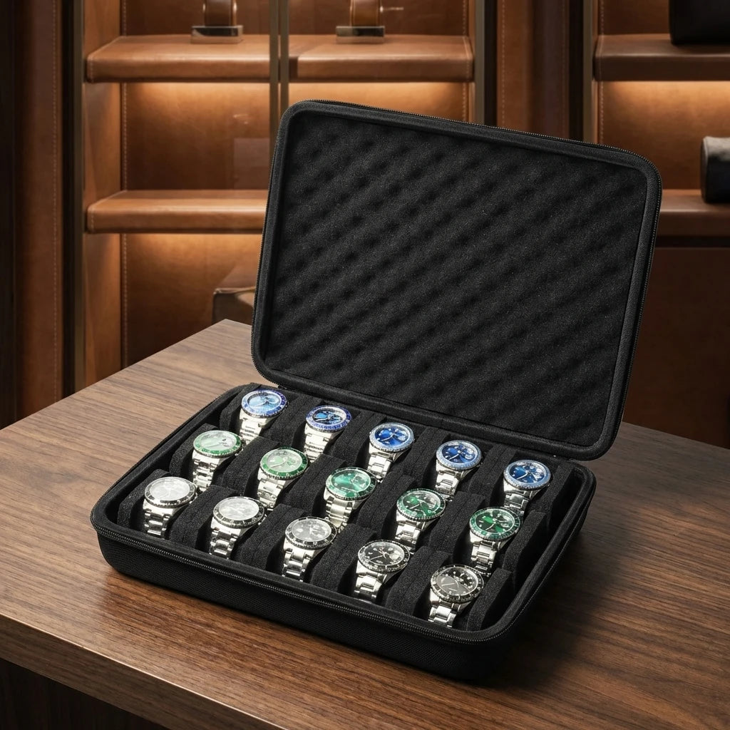 Hard-Shell 15 Slots Watch Storage Organizer Case, Watch Carry Box Fit Large And Small Watches, With Soft Foam Pillow