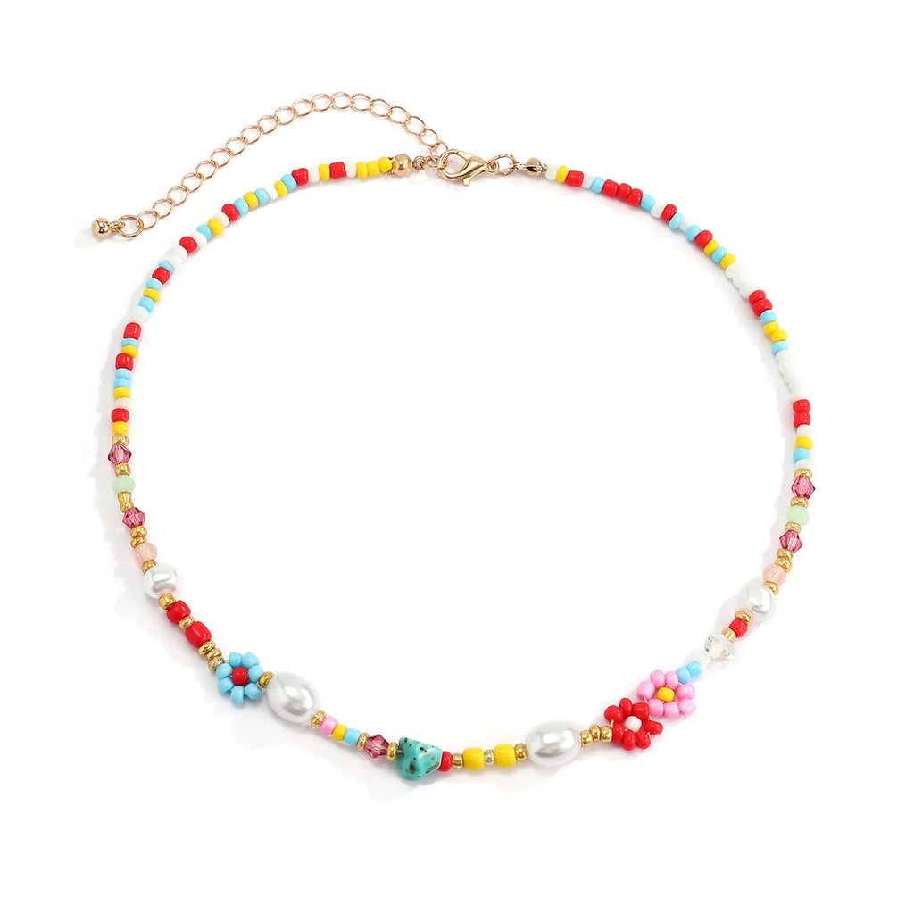 Cute Sweet Colorful Rice Beads Chokers Necklace for Women Boho Romantic Flower Imitation Pearl Clavicle Chain Girls Jewelry Gift