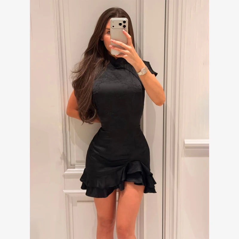 Polka Dot Slim Women Summer Mini Dress Solid Deep V-neck Puff Sleeves Pleated Front Button Short Dresses 2026 Lady Daily Wear