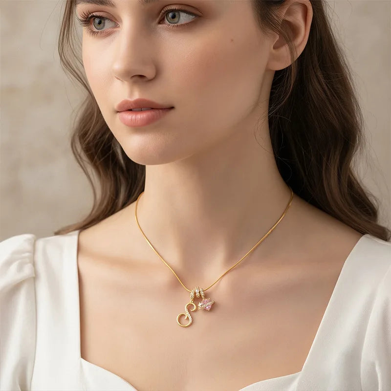 Fashion Letter Necklace Pink for Women  Zircon Heart Pendant Suitable for Personalized Stainless Steel Luxury Jewelry for Girls