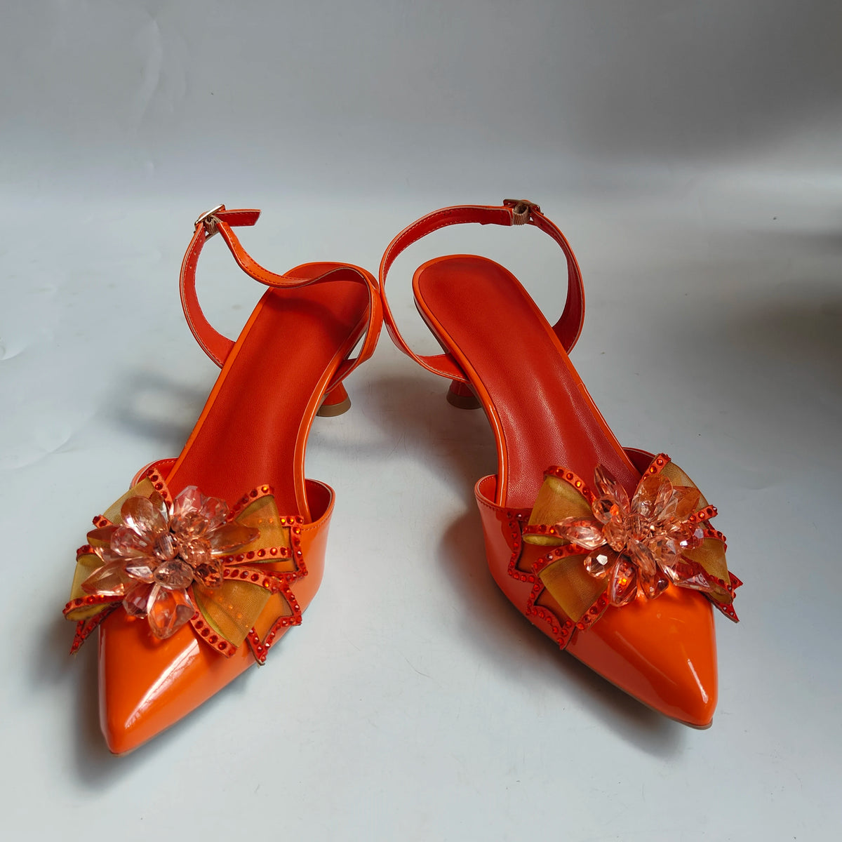 Insightlink New Orange Bow Crystal Slingback Heels Matching Grid Rhinestone Clutch Set Women Bridal Wedding Formal Party Kit