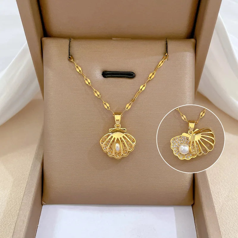 Yupsk Fashion Personalized Shell Starfish Pearl Necklace for Women  Versatile Shiny Zircon Engagement Wedding Party Jewelry