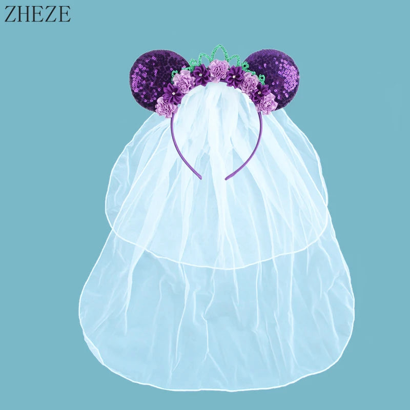 White Day Mouse Ears Headband With Veil Sequins 5"Bow Headwear For Women Festival Hairband Single Party DIY Hair Accessories