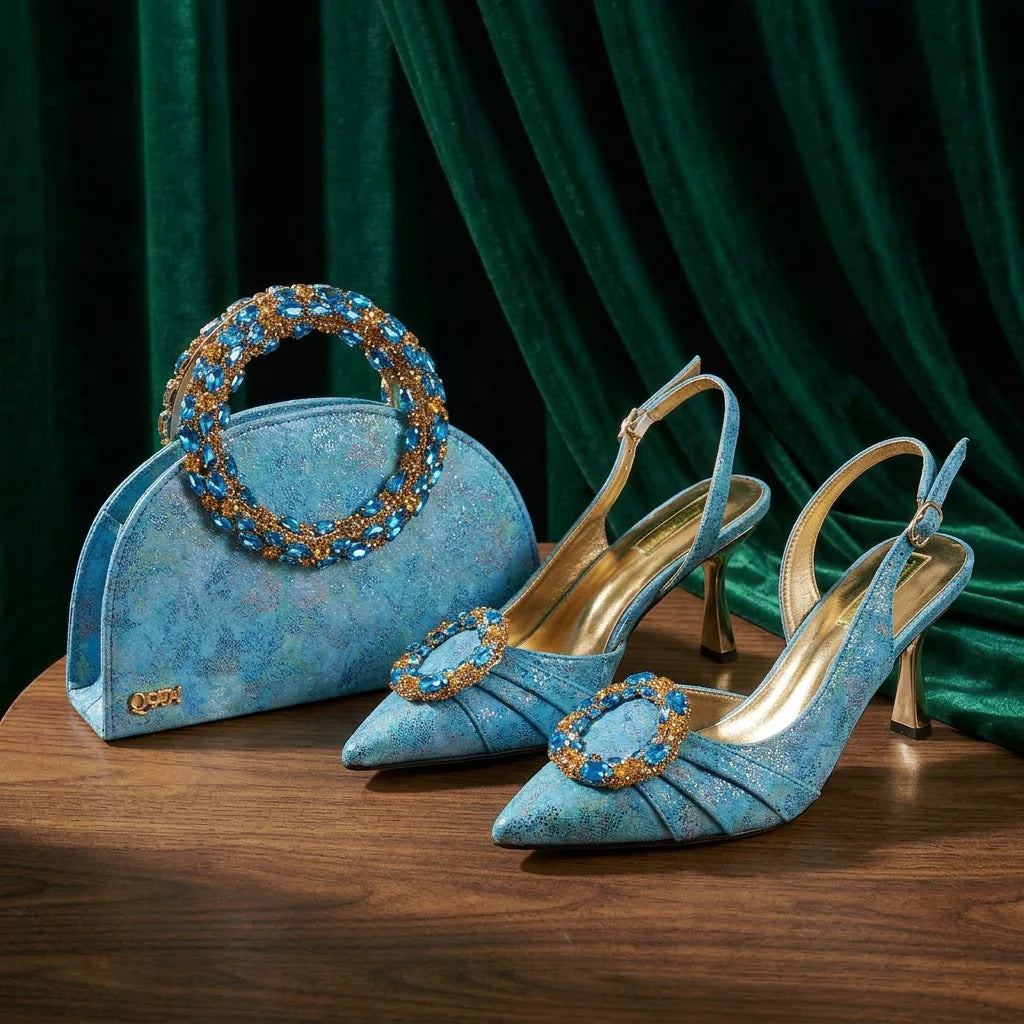 Shimmery Glitter Slingback Women High Heels Sky Blue Shoes and Matching Bag Set Rhinestone Wedding Party Banquet Events