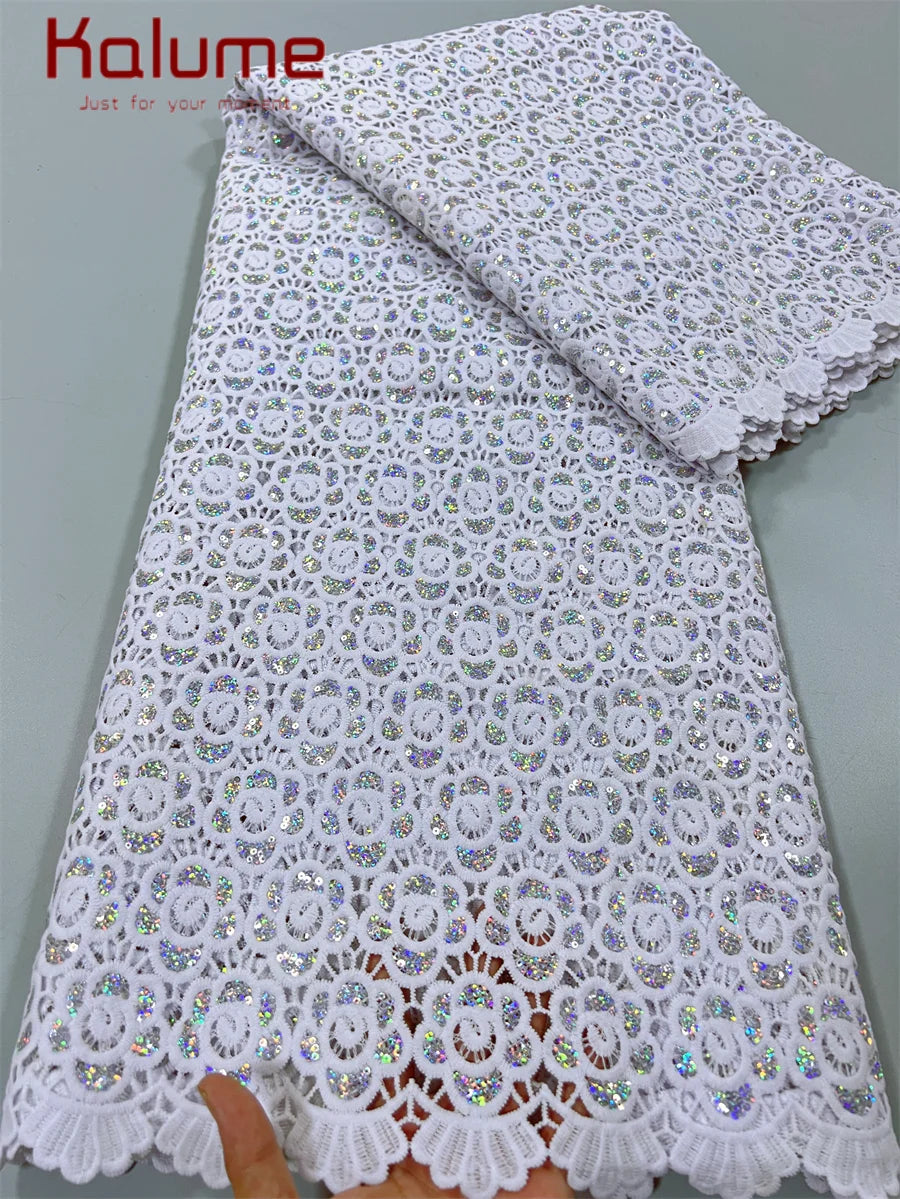 White African Guipure Cord Lace Fabric with Sequins 2025 High Quality Nigerian Guipure Cord Lace for Sewing Wedding Dress F4025