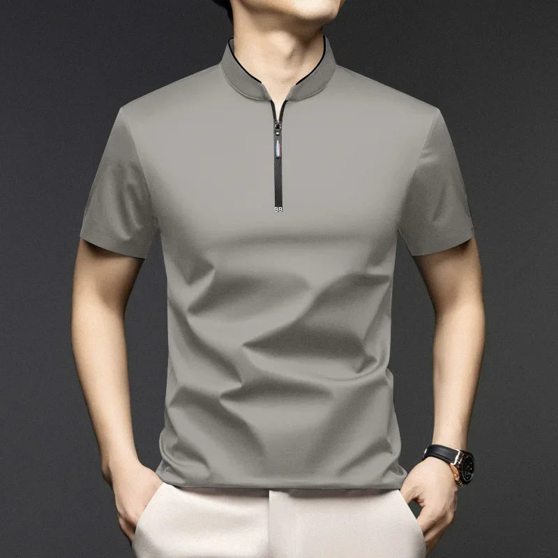 2025 New Men's Casual Fashion Zipper Solid Color Short Sleeved Polo Shirt Stand Up Collar Versatile Comfortable Top