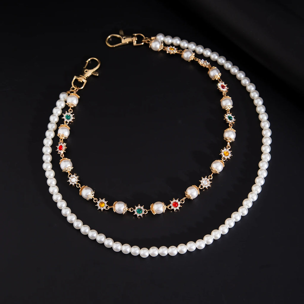 Salircon 2026 Exquisite Luxury Imitation Pearl Keychain Wallet Belt Chain Men Punk Trousers Hipster Pant Chain HipHop Jewelry