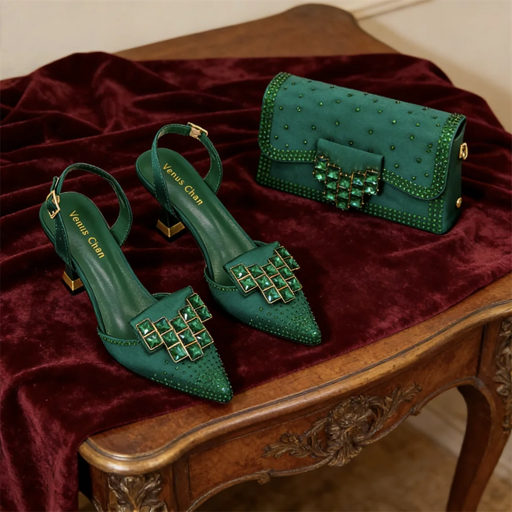Stylish Orange Rhinestone High Heel Shoes & Matching Handbag - Elegant Pointed-Toe Footwear for Women, Ideal for Parties