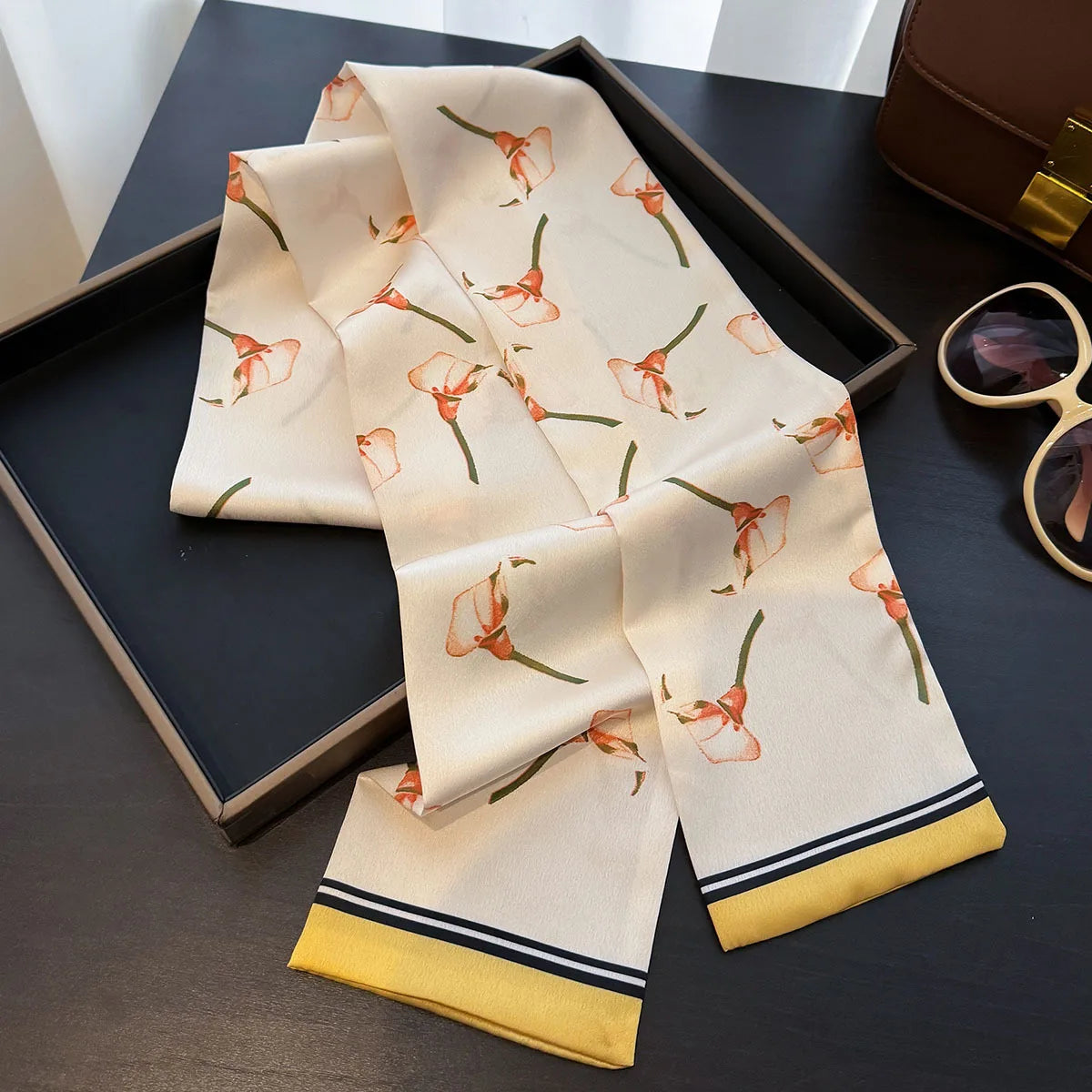 Floral Print 12*145cm Long Ribbon Silk Scarf Women Neck Scarves Headband Female Skinny Neckerchief Hair Band Neck Tie Bag Ribbon