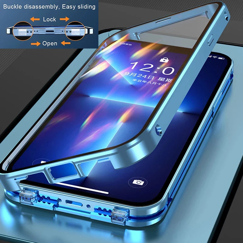 360° Metal Magnetic Double Sided Glass Cover With Lens Protection For IPhone16 14 15 Pro Max For IPhone13 12 11 Double Lock Case