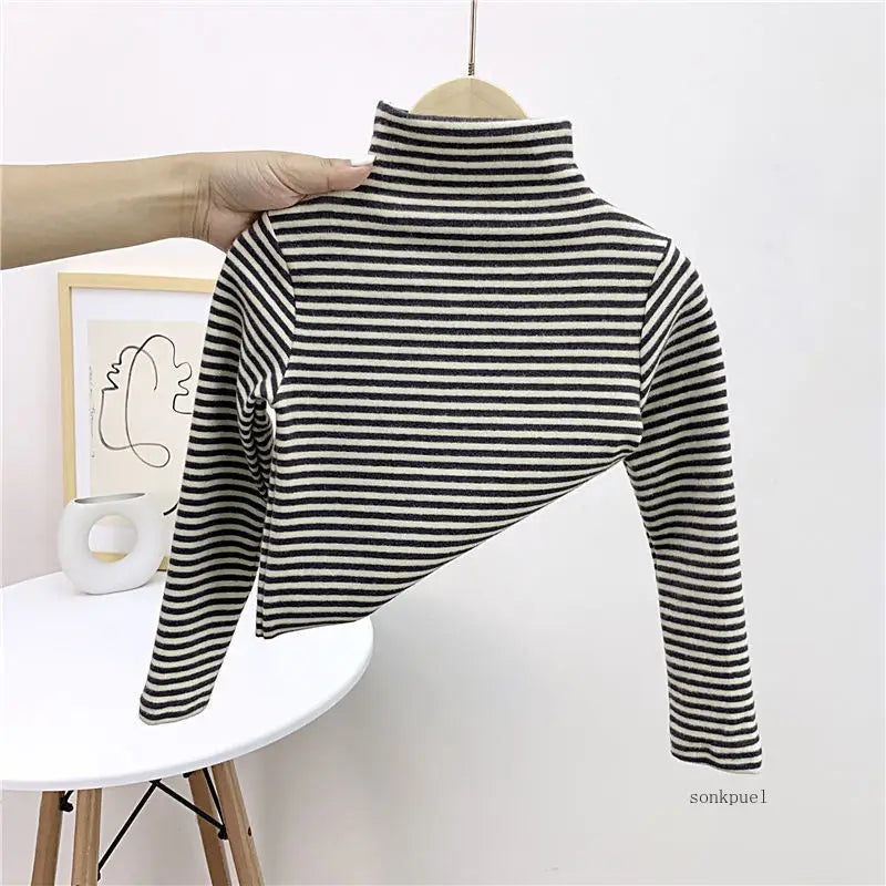 Autumn Winter Baby Boy Girl Solid Long Sleeve Bottoming Shirt Children Turtleneck Casual Tshirt Kid Striped Top Clothes
