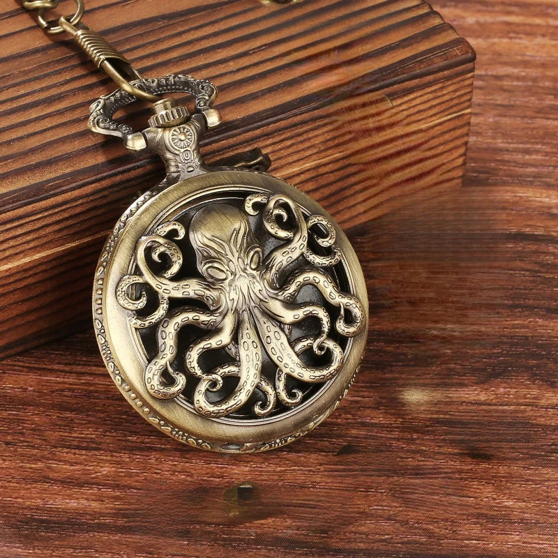 Retro Bronze Octopus Pocket Watch Necklace Vintage Steampunk Quartz Timepiece Gift for Him