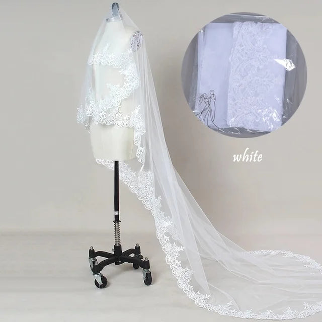 Wedding Veil Lace Edge Long Luxurious Bridal Veil White/Ivory Veil With Comb Tulle Cathedral One-layer 3 Meters Bride Accessorie