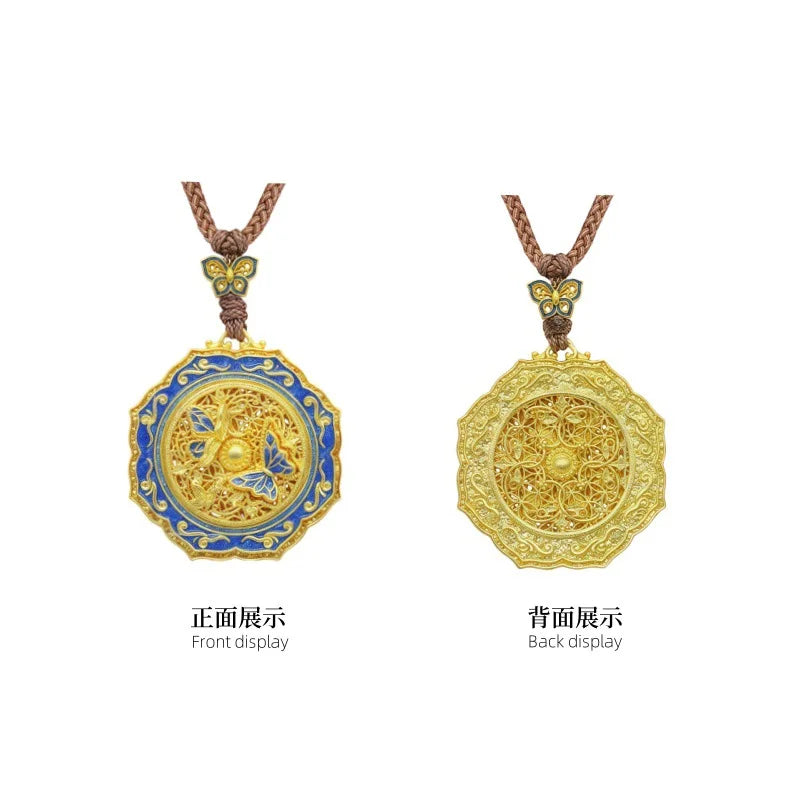 Luxury 9999 24K Solid gold certifid butterfly gold wire carved enamel diamond butterfly necklace women's gold clavicle chain
