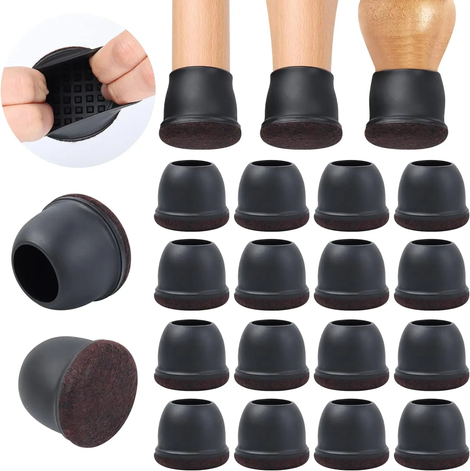 16PCS Black Silicone Chair Leg Floor Protectors with Wrapped Felt Bar Stool Chair Leg Caps Furniture Leg Feet Protection Cover