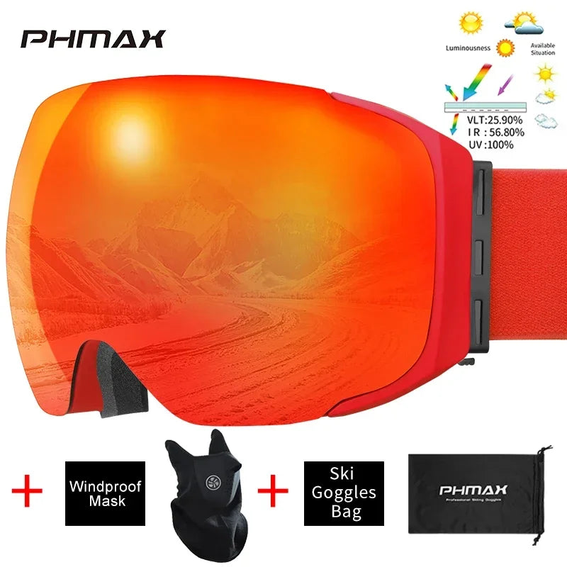 PHMAX Ski Goggles UV400 Anti-fog Eyewear Magnetic Lens Women Men Outdoor Sports Mountain Snowboard Big Snow Goggles With Mask