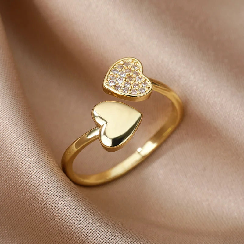 Smooth Double Heart Rings For Women Stainless Steel Zircon Heart Love Ring Adjustable Finger Ring Christmas Jewelry Wedding Gift