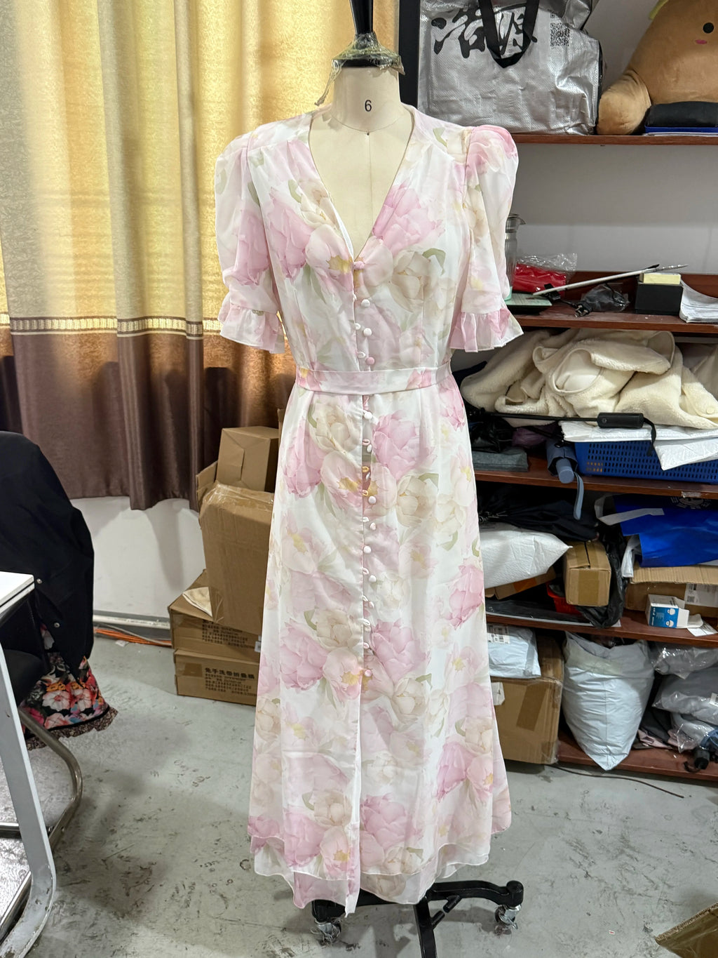 Women Floral Print Short Sleeve Maxi Dress Fashion V-neck Ruffle Trim Belted Slit Hem Dresses Casual Lady Daily Vacation Gowns