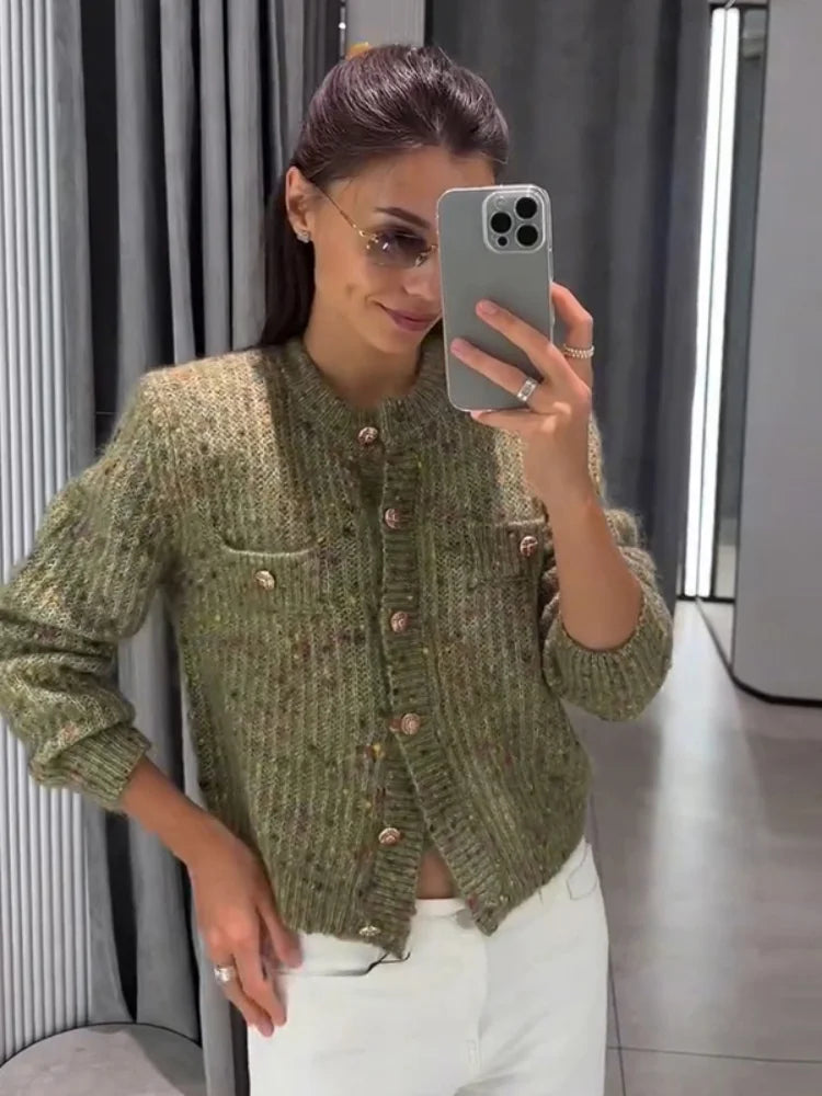 Elegant Knit Female Short Cardigans O-neck Fashion Women Single Breasted Sweater Full Sleeve Autumn Lady Casual 2026 Knitwear