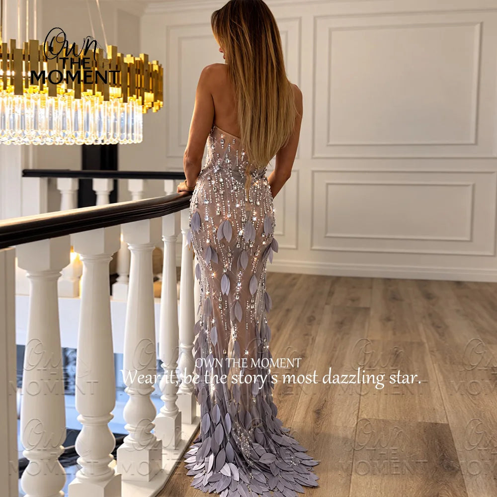 OTM Rhinestones Appliques Mermaid Prom Dress With High Side Slit Strapless Sky Blue Evening Dress Luxury Tulle Party Gown Custom