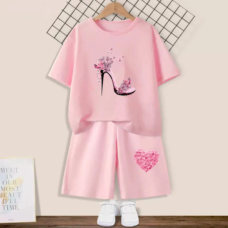 2024 Summer Girls Cotton Clothing Sets Kids Cute Cartoon Butterfly High Heel T-shirt +Shorts 2Pce Suits Childrens Tracksuits