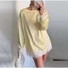 Satin Lace Patchwork Dress Women Long Sleeve O-neck Casual 2026 Spring Female Dresses Casual Solid Beach Robe not contain pearls