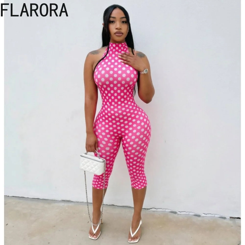 FLARORA Sexy Polka Dot Print Jumpsuit Woman Trend Halter Bandage Backless Sleeveless Peach Hip Skinny Elasticity Street Overalls